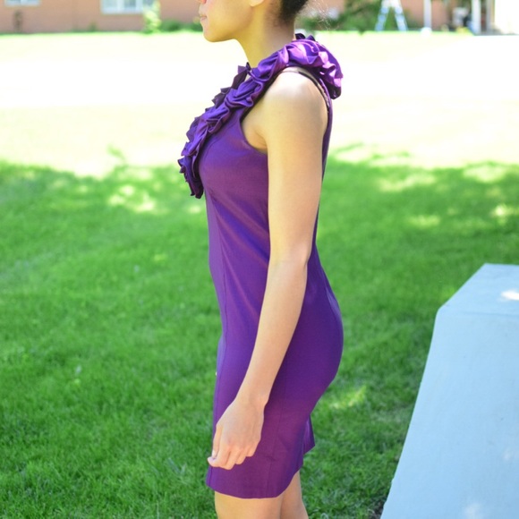 ✂️Sale✂️ Purple Ruffle Neck Evening/Party Dress - Picture 3 of 7